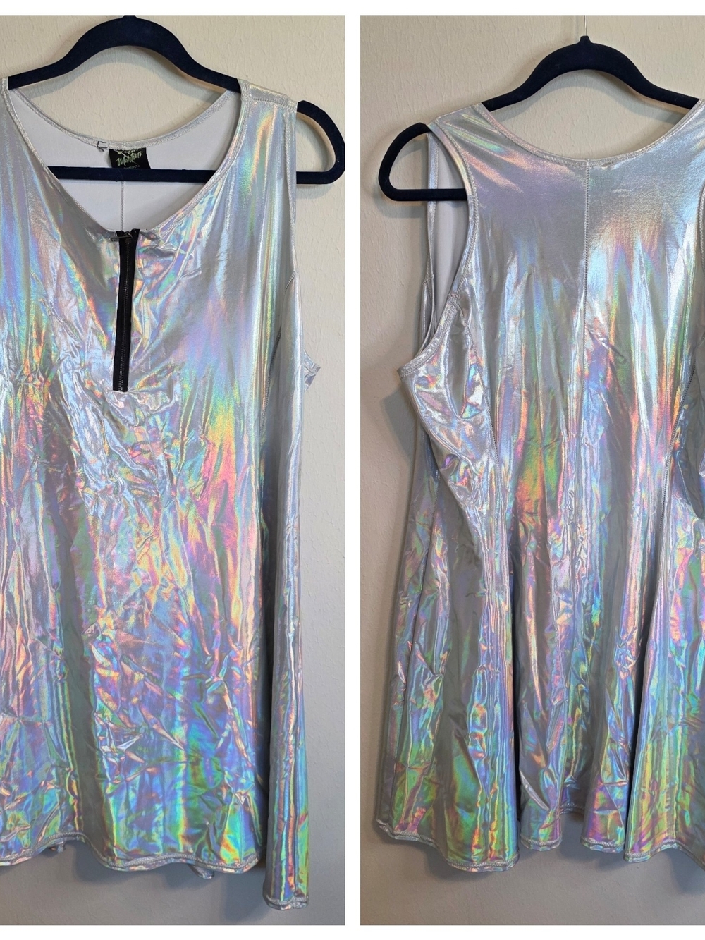Gin Martini Silver Holographic Sleeveless Zip-Front Dress
